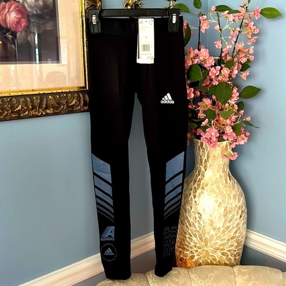 Brand New Adidas Climawarm Black Tights Sporty Stretch Leggings Blue Graphics - Picture 1 of 15